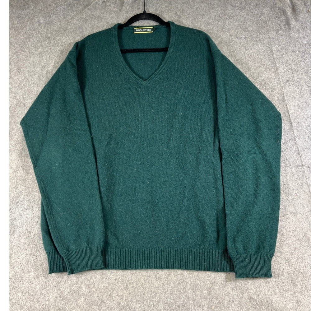 WoolOvers Sweater Mens Large Green Vneck Cozy Knit Pure New Wool Pullover Preppy